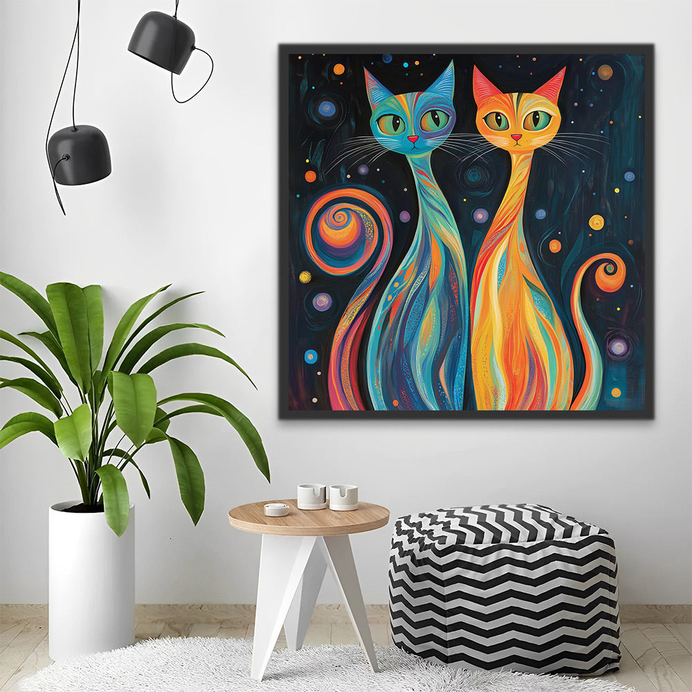 Colorful Cats in Abstract Starry Sky Paint by Numbers