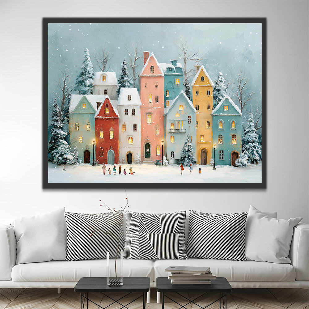 Colorful Christmas Houses and Kids in the Snow Paint by Numbers