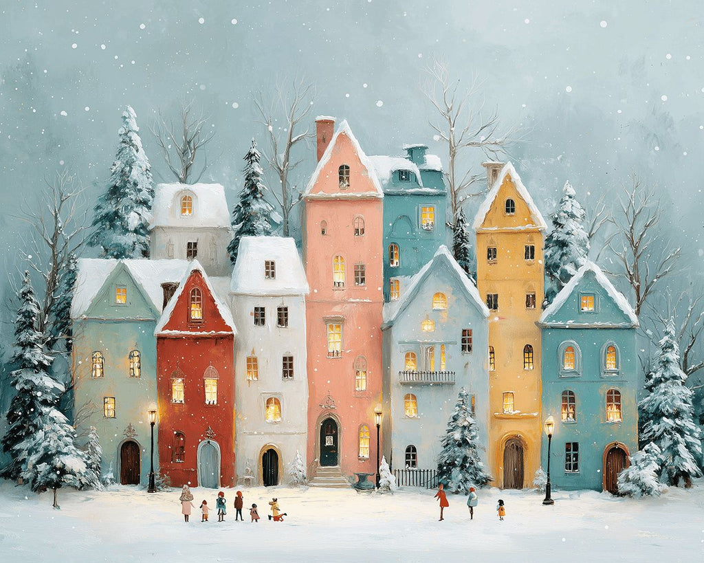 Colorful Christmas Houses and Kids in the Snow Paint by Numbers