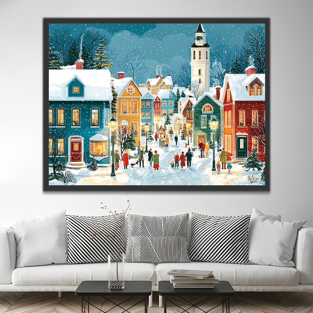 Colorful Christmas Houses and People in the Snow Paint by Numbers
