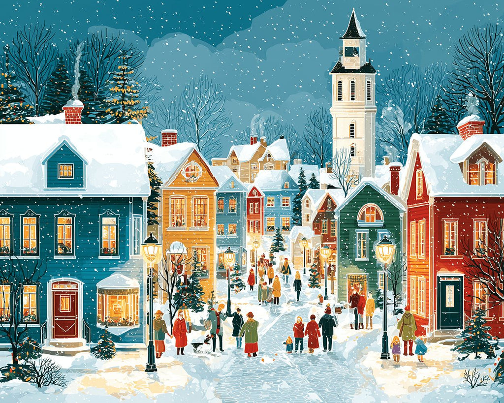 Colorful Christmas Houses and People in the Snow Paint by Numbers