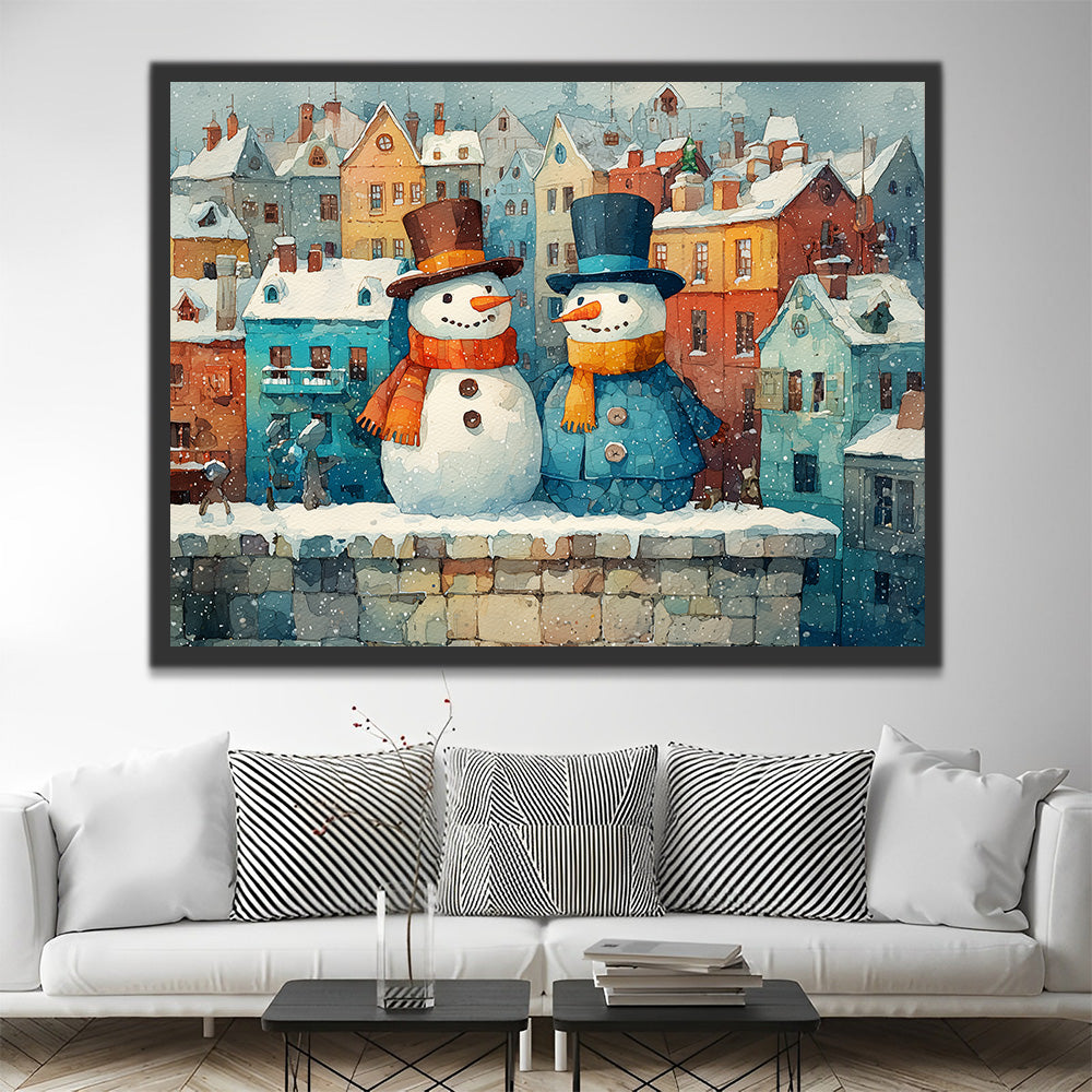 Colorful Christmas Houses and Snowmen in the Snow Paint by Numbers