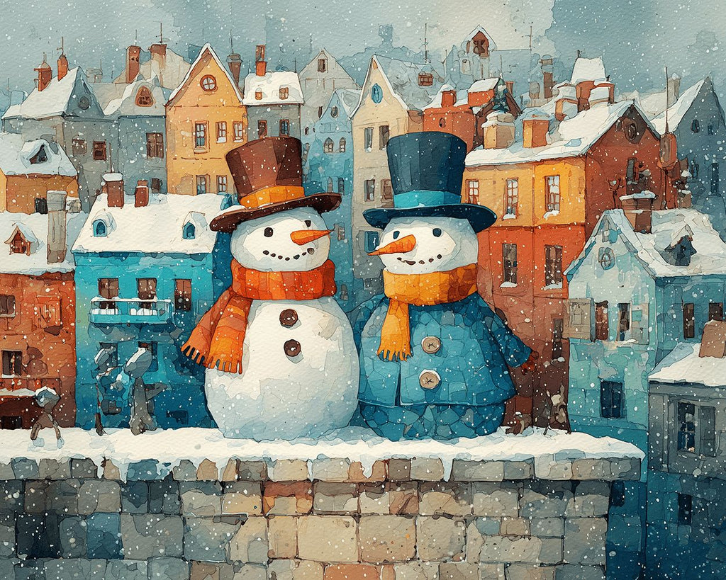Colorful Christmas Houses and Snowmen in the Snow Paint by Numbers