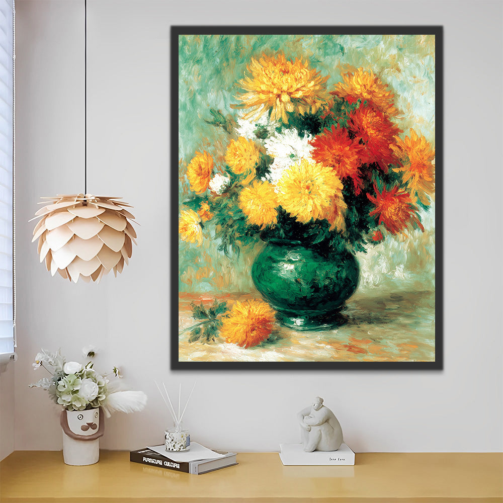 Colorful Chrysanthemums in Full Bloom in A Green Porcelain Vase Paint by Numbers
