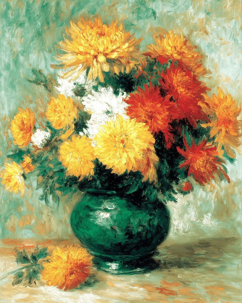 Colorful Chrysanthemums in Full Bloom in A Green Porcelain Vase Paint by Numbers