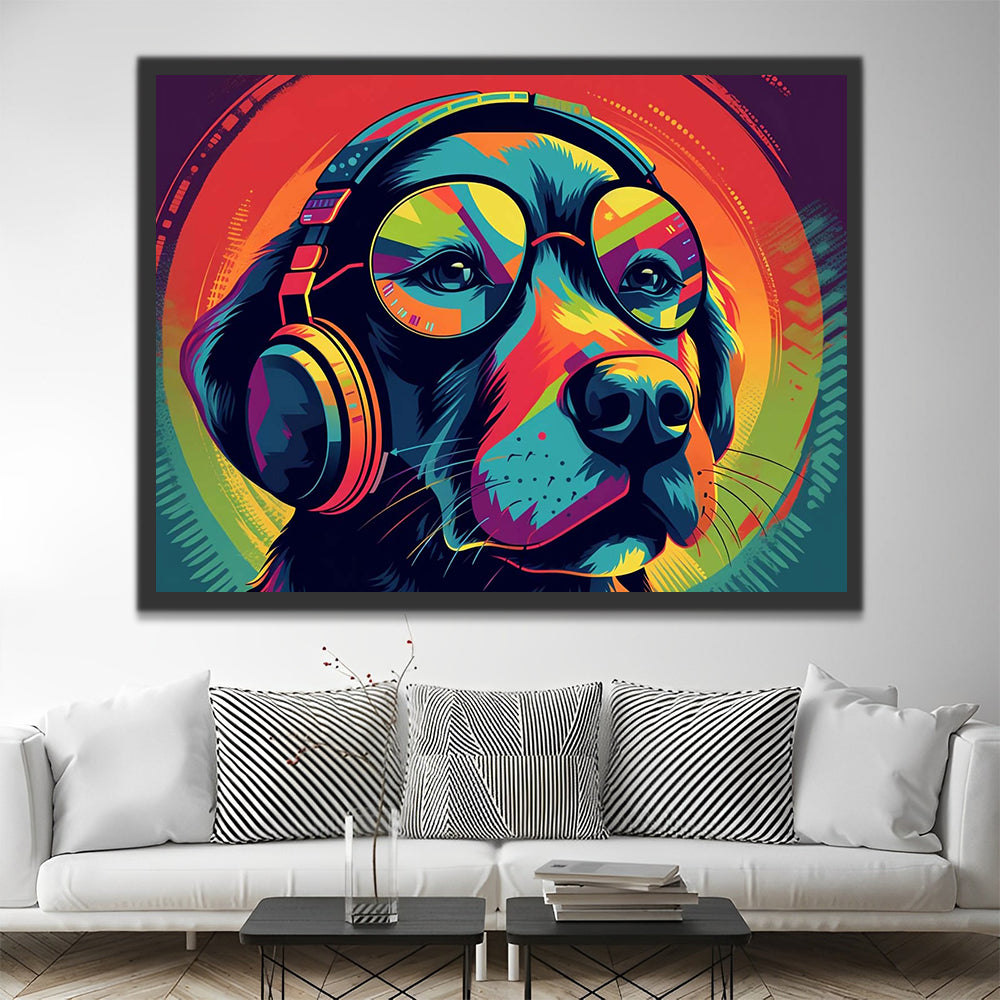 Colorful Dog with Glasses and Headphones Paint by Numbers