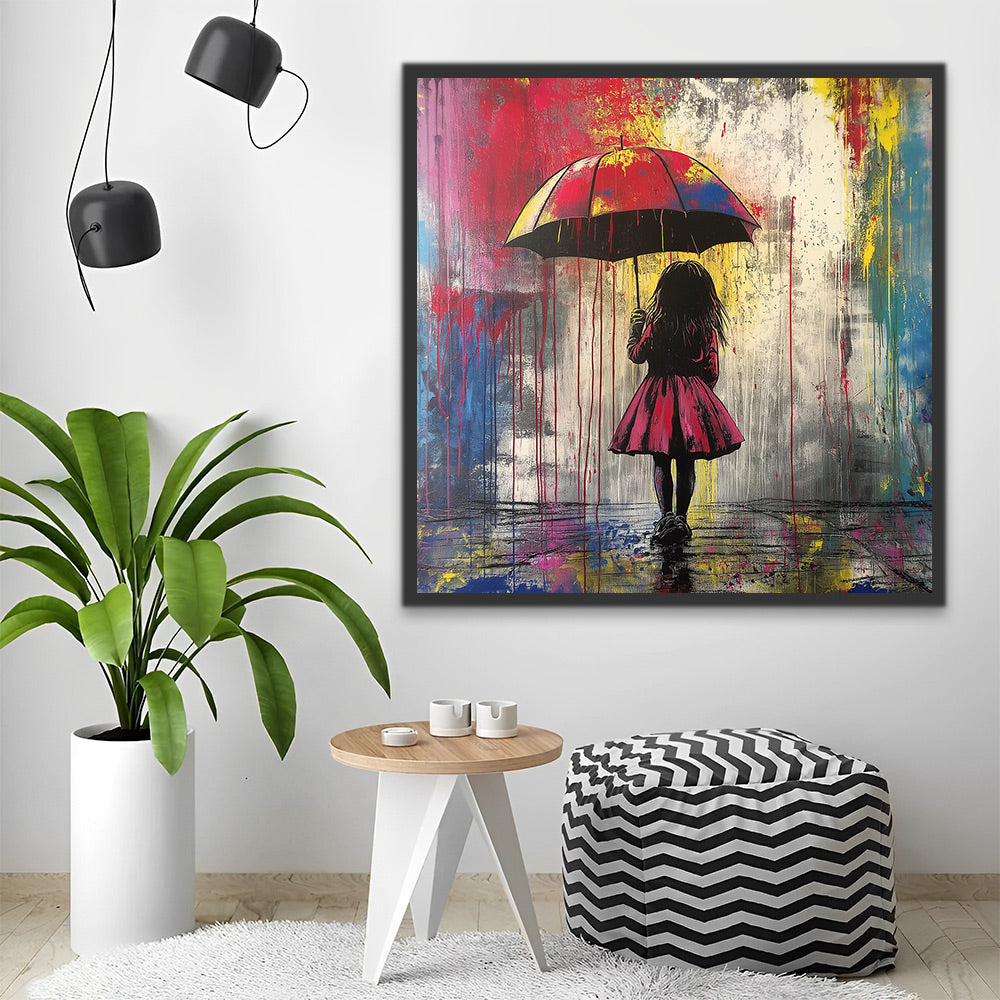 Colorful Graffiti of a Little Girl in Red Holding an Umbrella Paint by Numbers