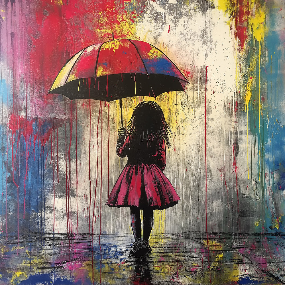 Colorful Graffiti of a Little Girl in Red Holding an Umbrella Paint by Numbers