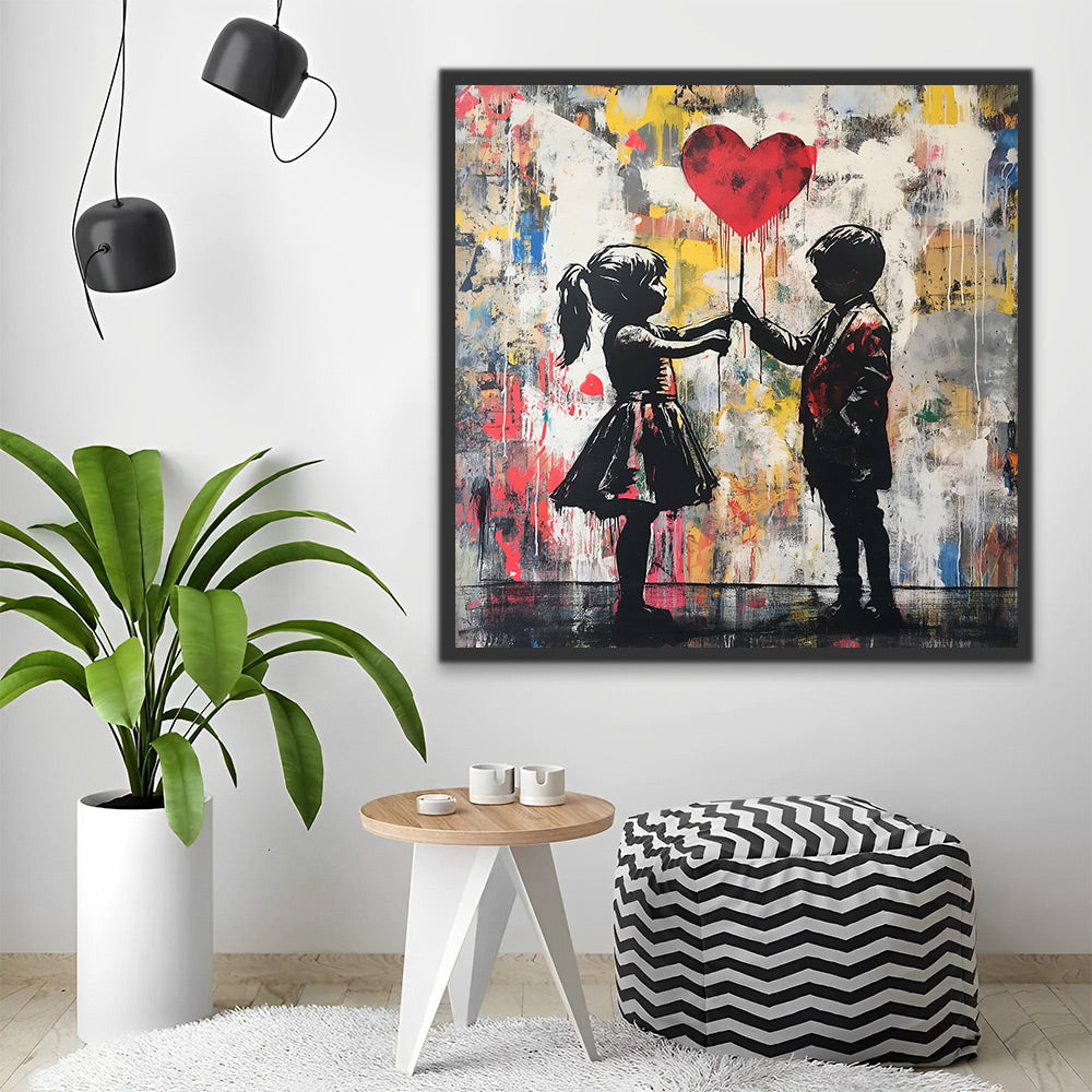 Colorful Graffiti of Boy Girl and Red Heart Balloon Paint by Numbers