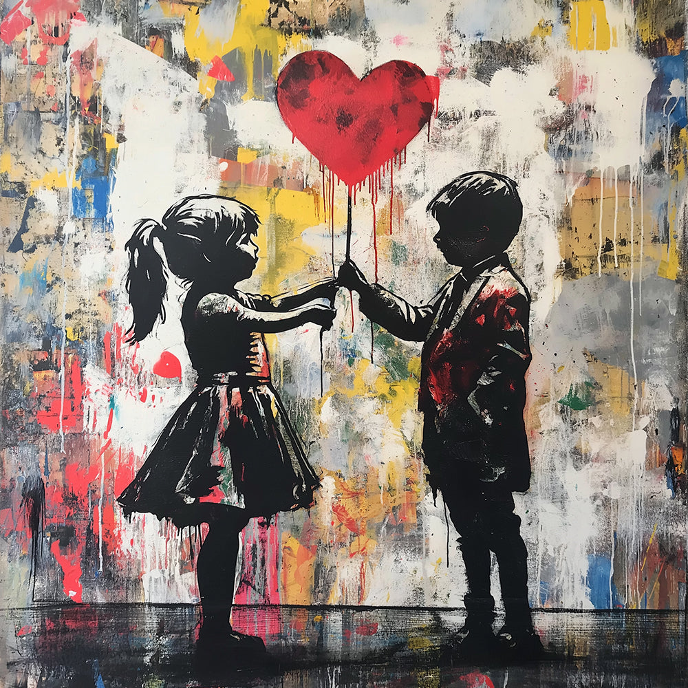 Colorful Graffiti of Boy Girl and Red Heart Balloon Paint by Numbers