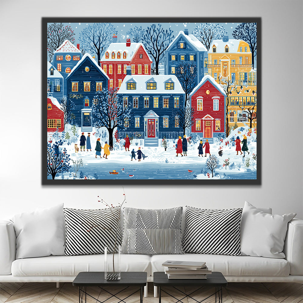 Colorful Houses and Pedestrians in the Snow Paint by Numbers