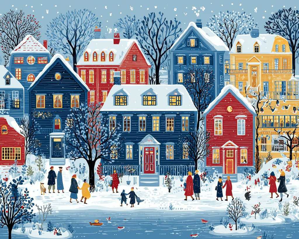 Colorful Houses and Pedestrians in the Snow Paint by Numbers