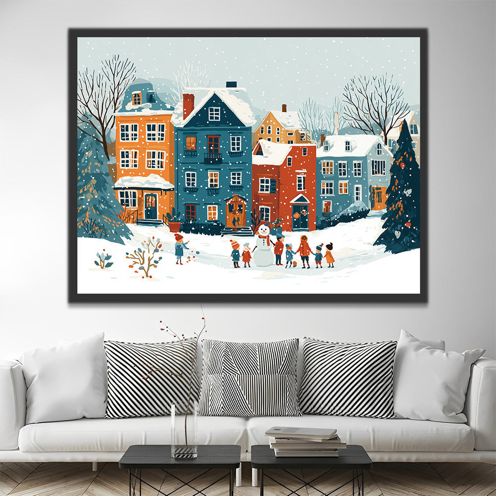 Colorful Houses in the Snow at Christmas Paint by Numbers