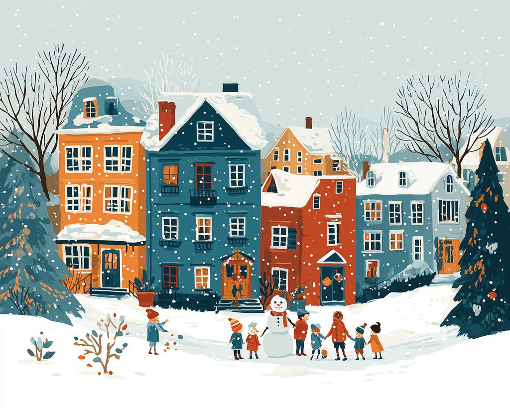 Colorful Houses in the Snow at Christmas Paint by Numbers