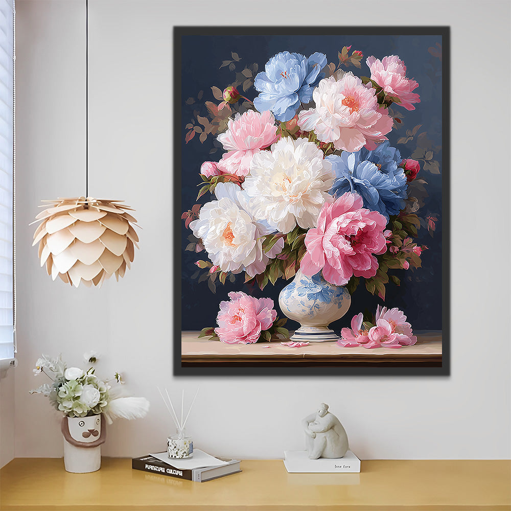 Colorful Peonies in A Blue and White Porcelain Vase Paint by Numbers