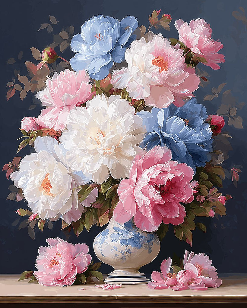 Colorful Peonies in A Blue and White Porcelain Vase Paint by Numbers