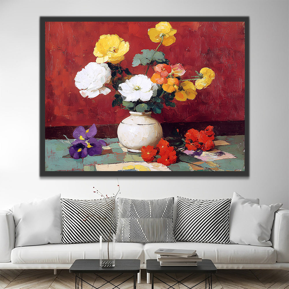 Colorful Poppies in a White Porcelain Vase Paint by Numbers