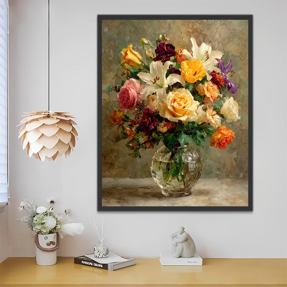 Colorful Roses and Lilies in the Transparent Glass Vase Paint by Numbers