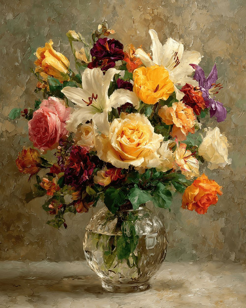 Colorful Roses and Lilies in the Transparent Glass Vase Paint by Numbers