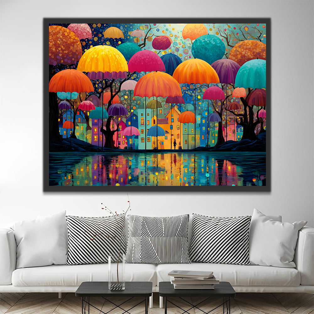 Colorful Umbrellas over the House Paint by Numbers