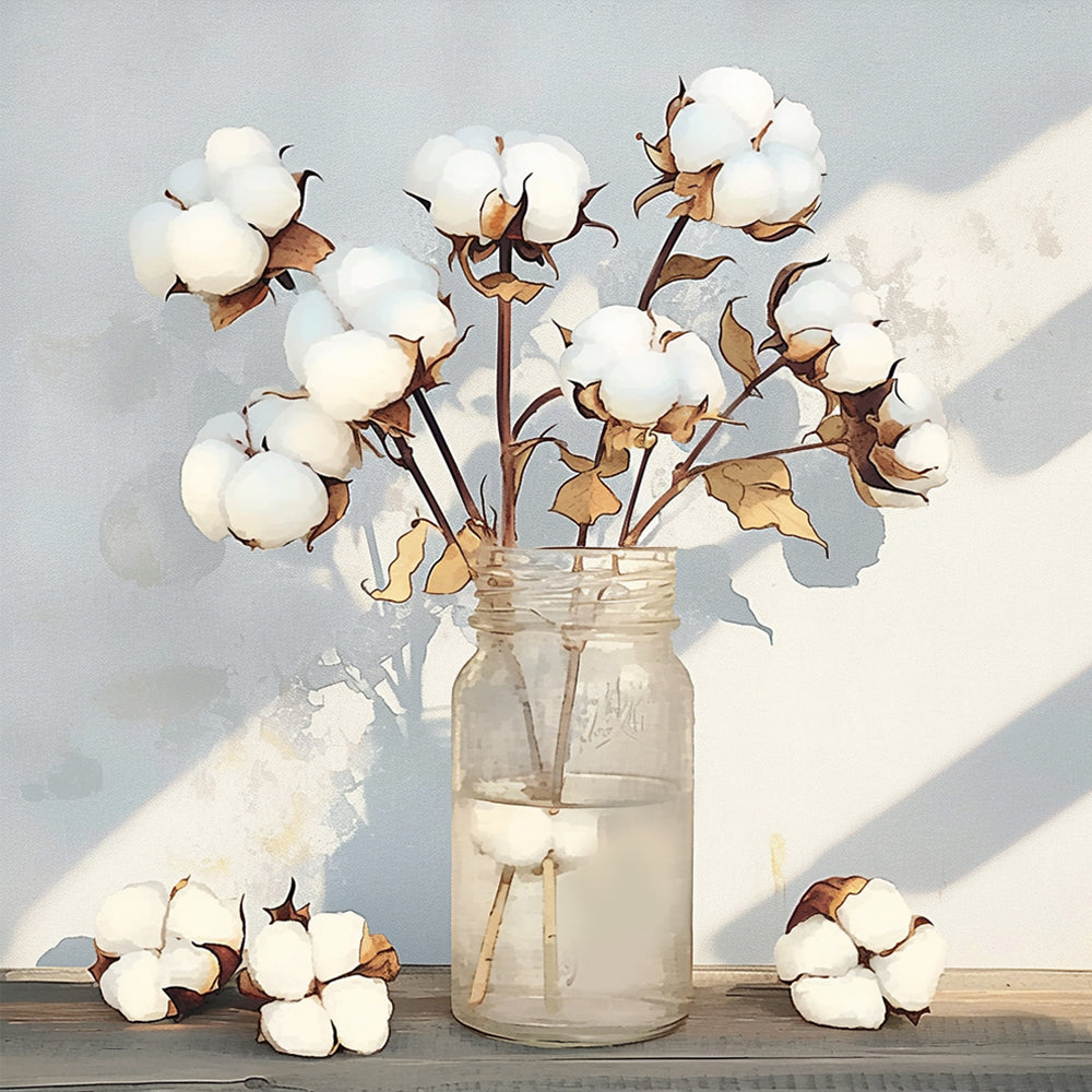 Cotton Flowers in Glass Bottle Paint by Numbers