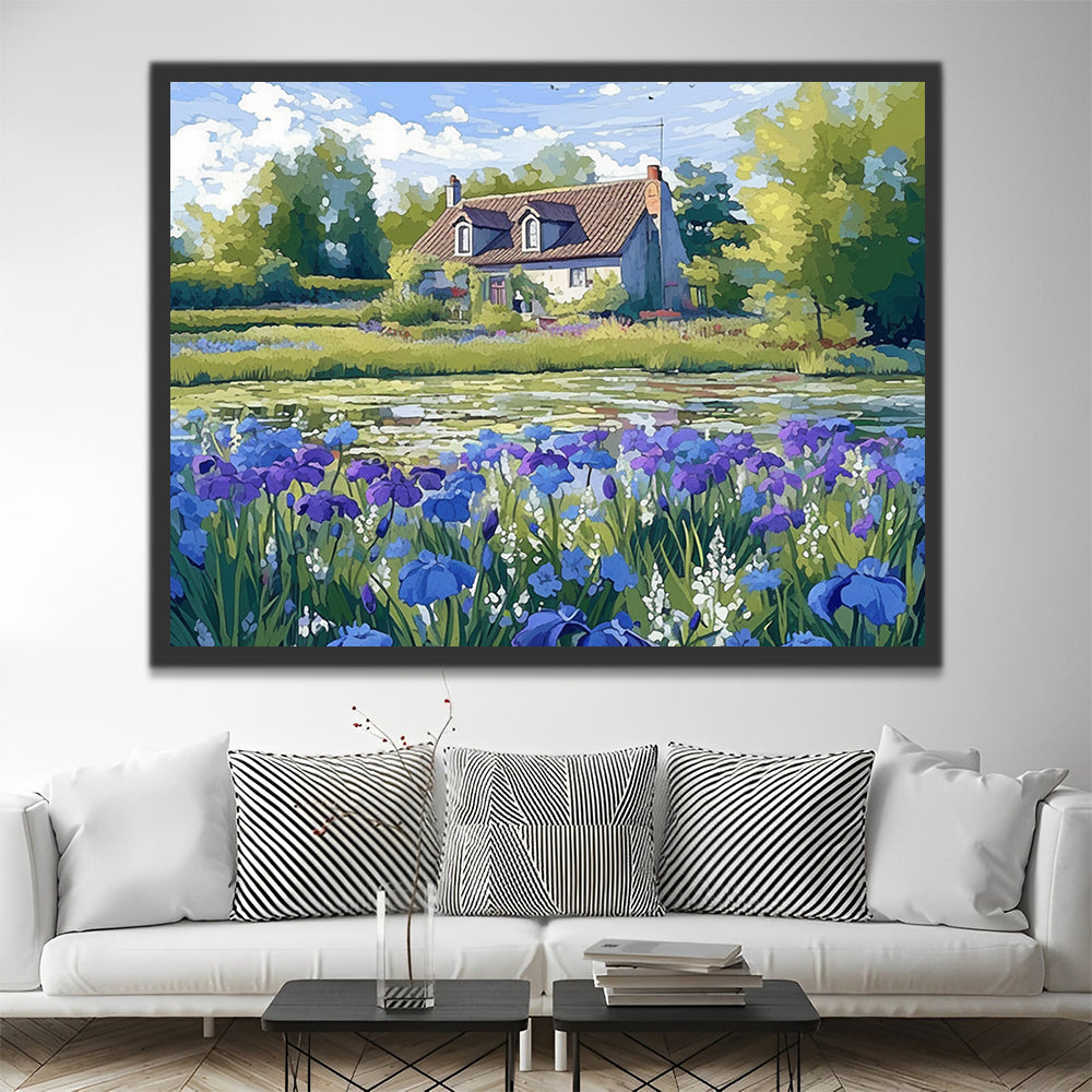 Country House and Iris Flowers Paint by Numbers