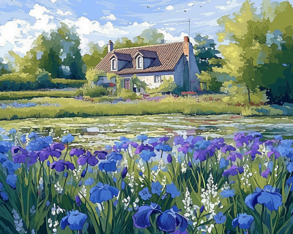 Country House and Iris Flowers Paint by Numbers