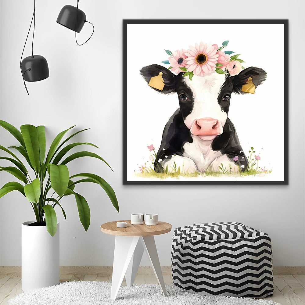 Cow with Pink Flowers on the Head Paint by Numbers