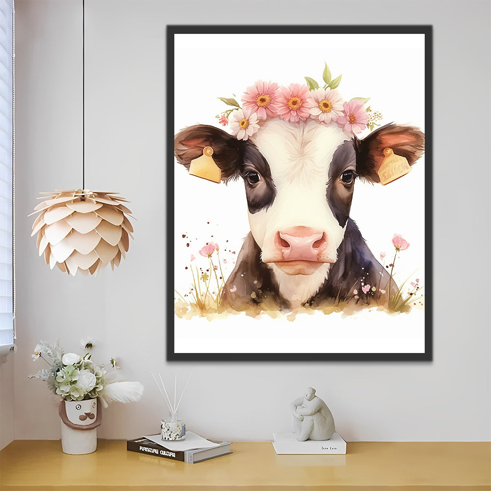 Cow with Pink Flowers Paint by Numbers