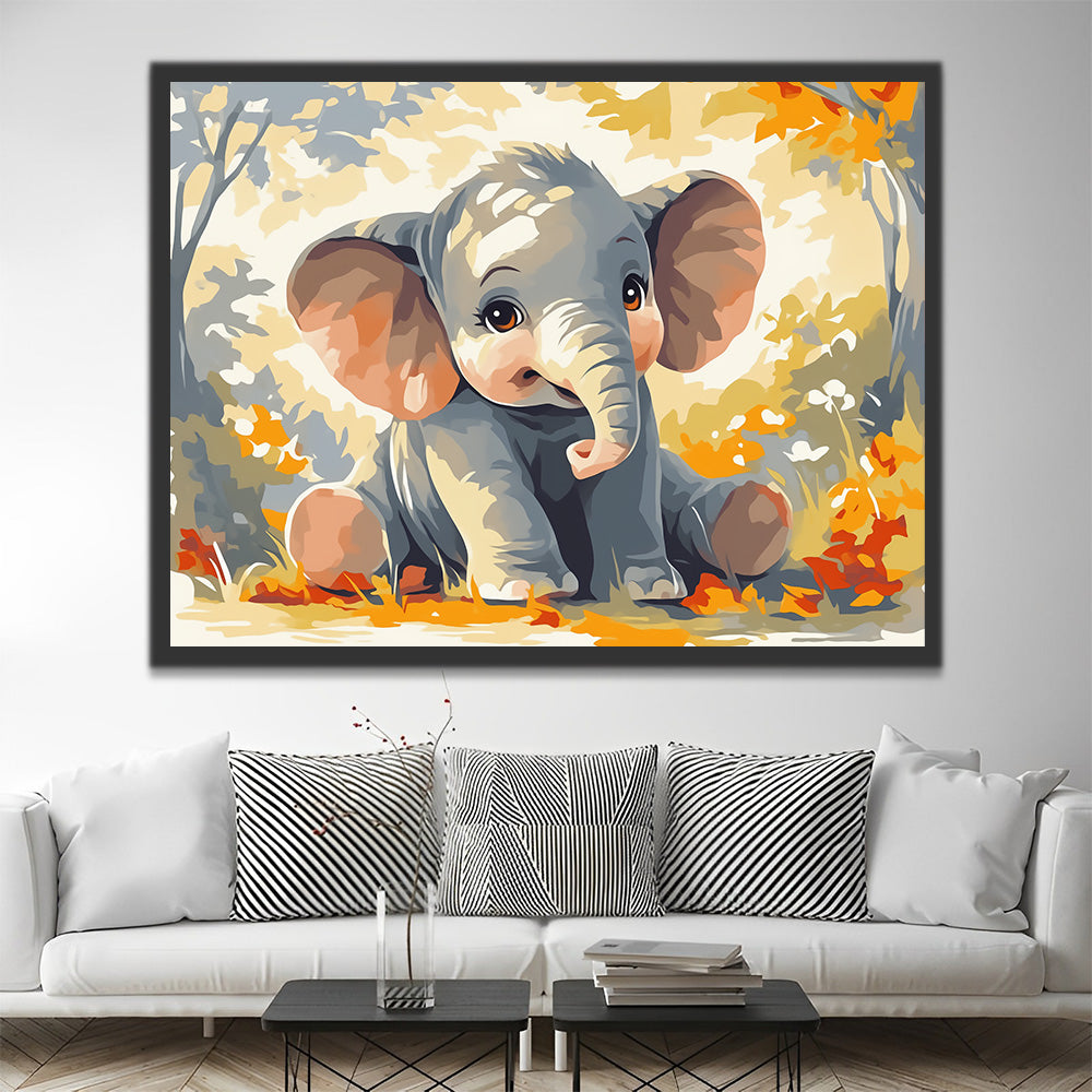 Cute Baby Elephant in the Forest Paint by Numbers
