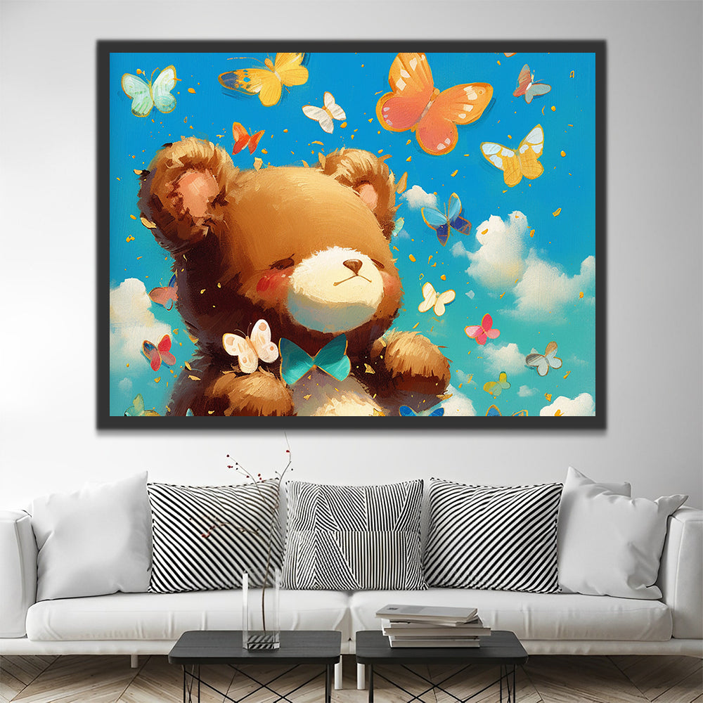 Cute Cartoon Bear and Colorful Butterflies Paint by Numbers