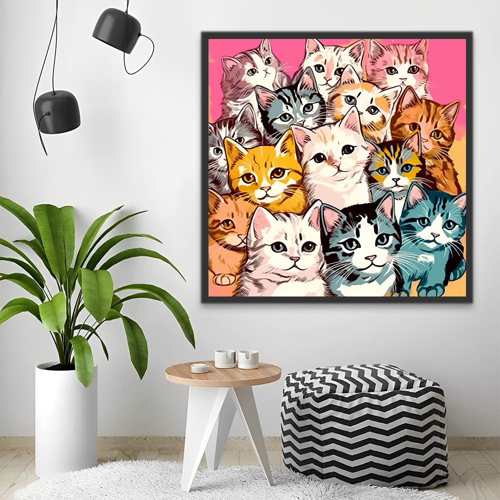 Cute Cats on Pink Background Paint by Numbers