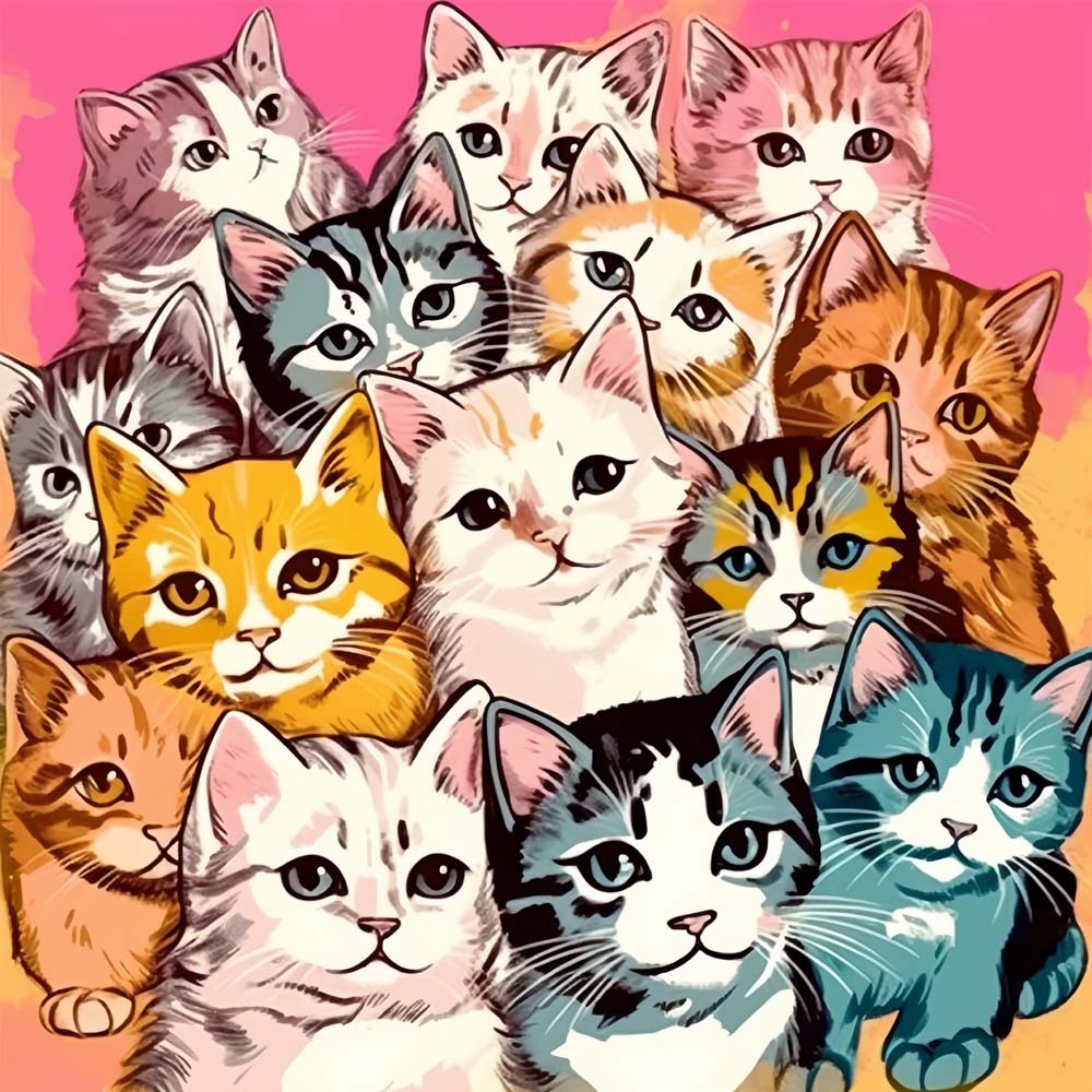 Cute Cats on Pink Background Paint by Numbers