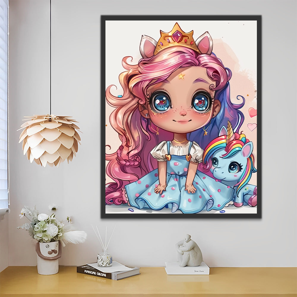 Cute Princess and Blue Unicorn Paint by Numbers