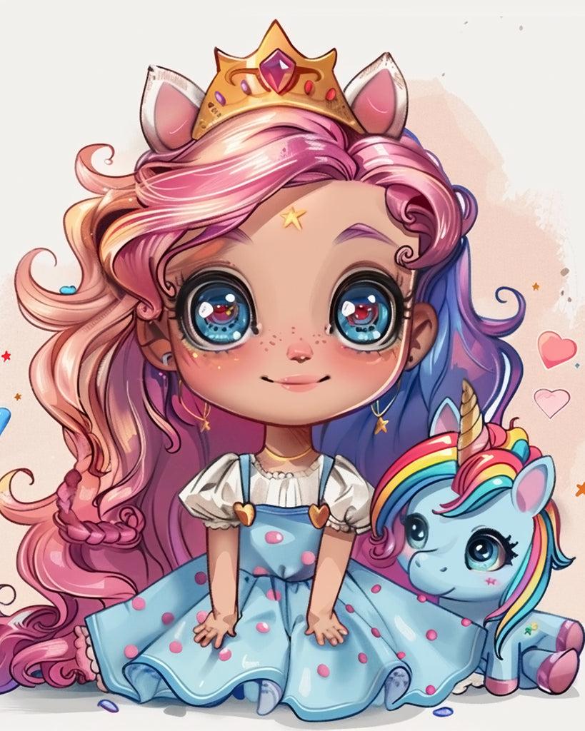 Cute Princess and Blue Unicorn Paint by Numbers