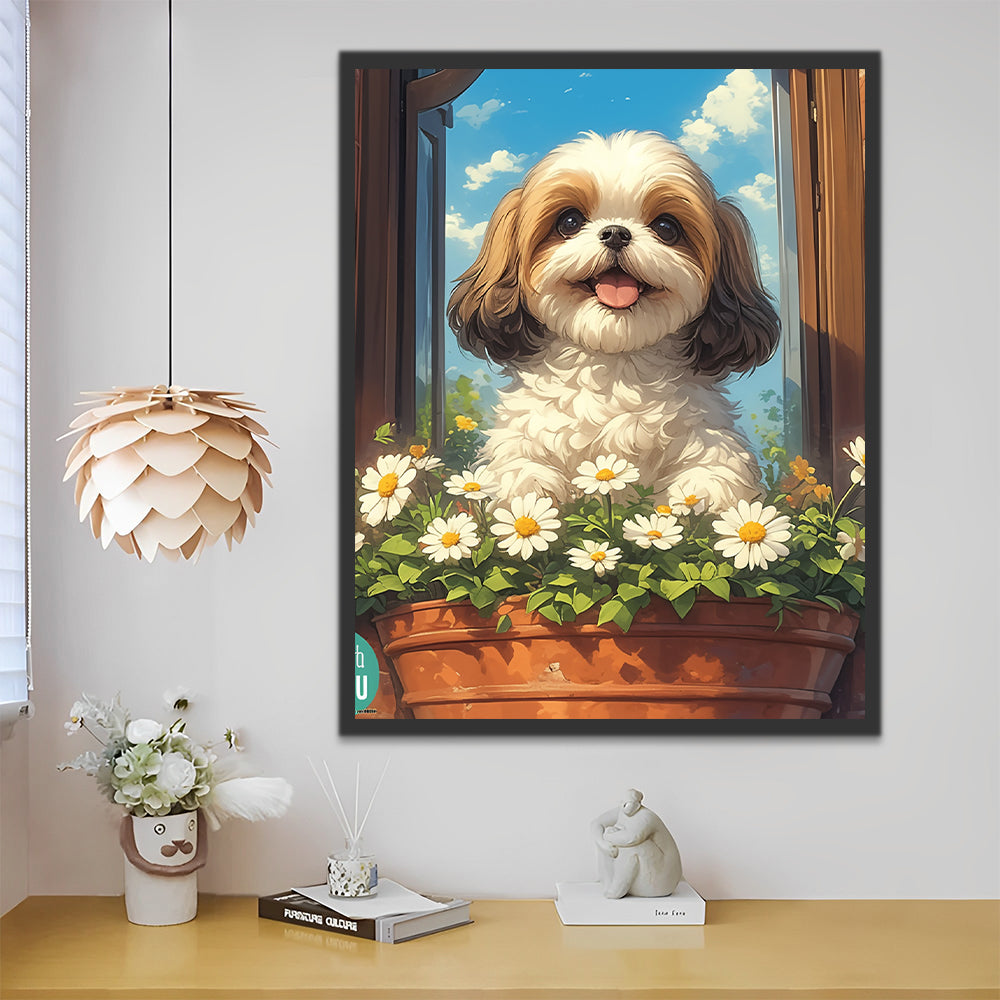 Cute Shih Tzu and Flowers Paint by Numbers