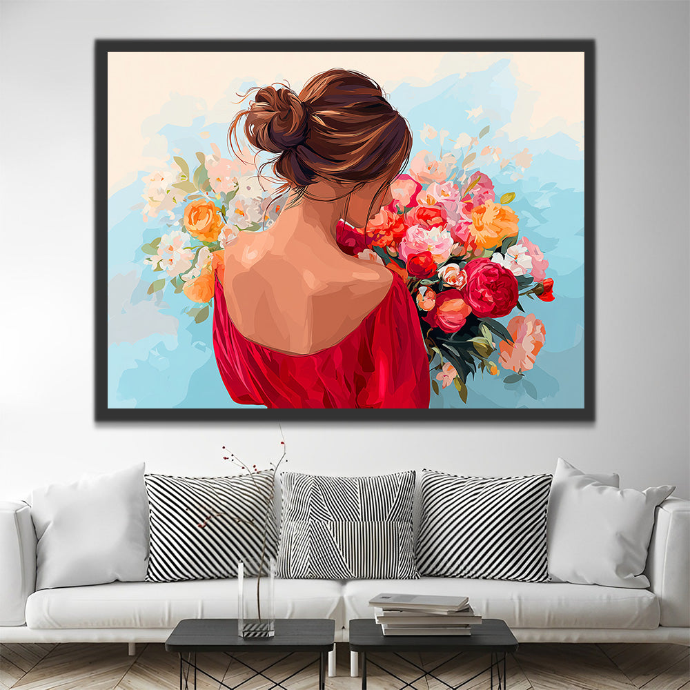 Dancer in Red Holding a Bouquet Paint by Numbers
