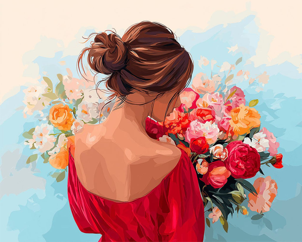 Dancer in Red Holding a Bouquet Paint by Numbers