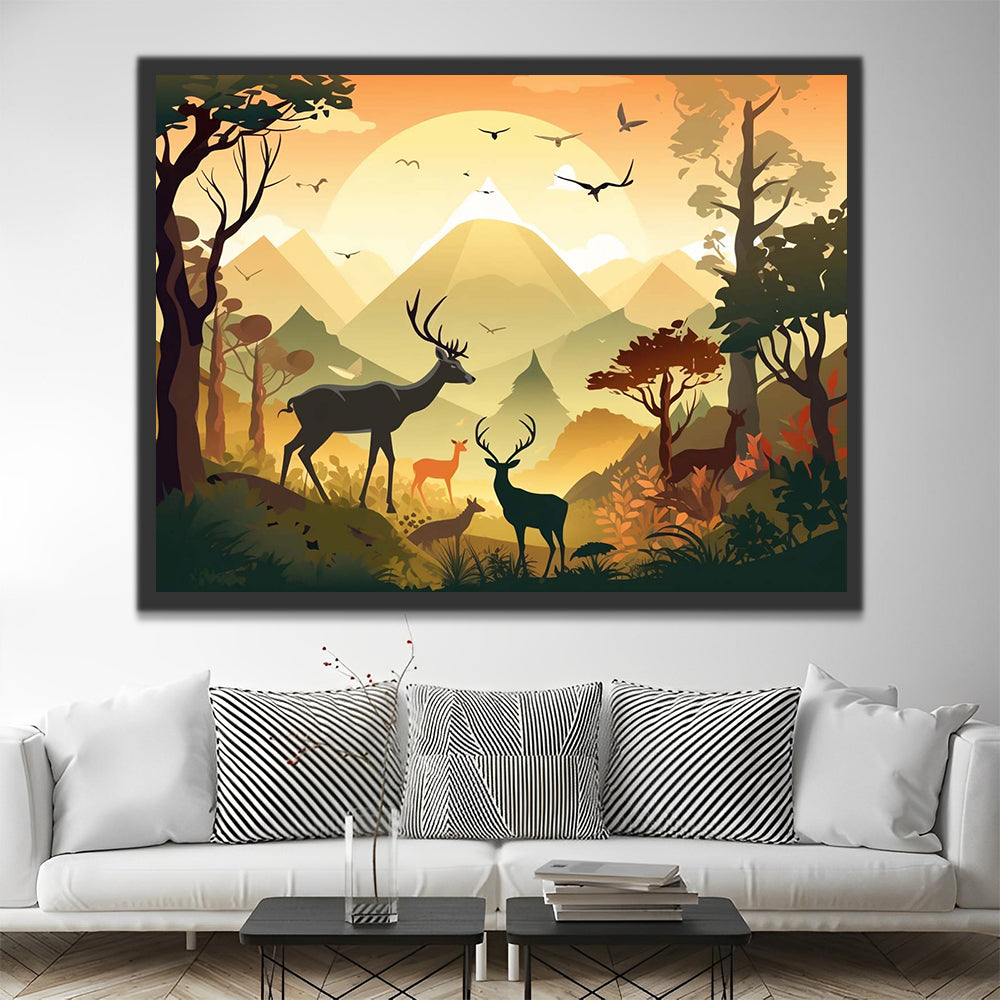 Deers and Birds at Sunset Paint by Numbers