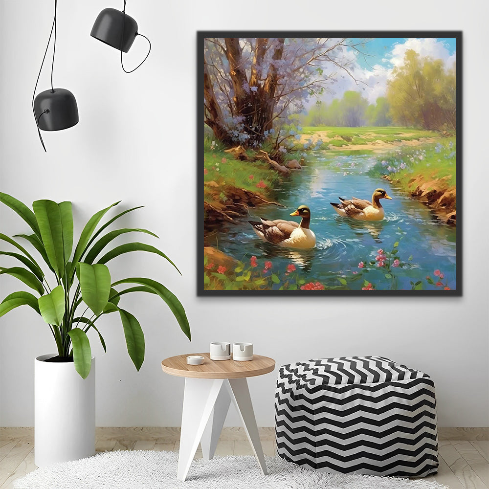 Ducks on the River in Spring Paint by Numbers