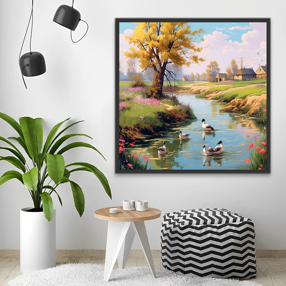 Ducks on the River in Spring Paint by Numbers