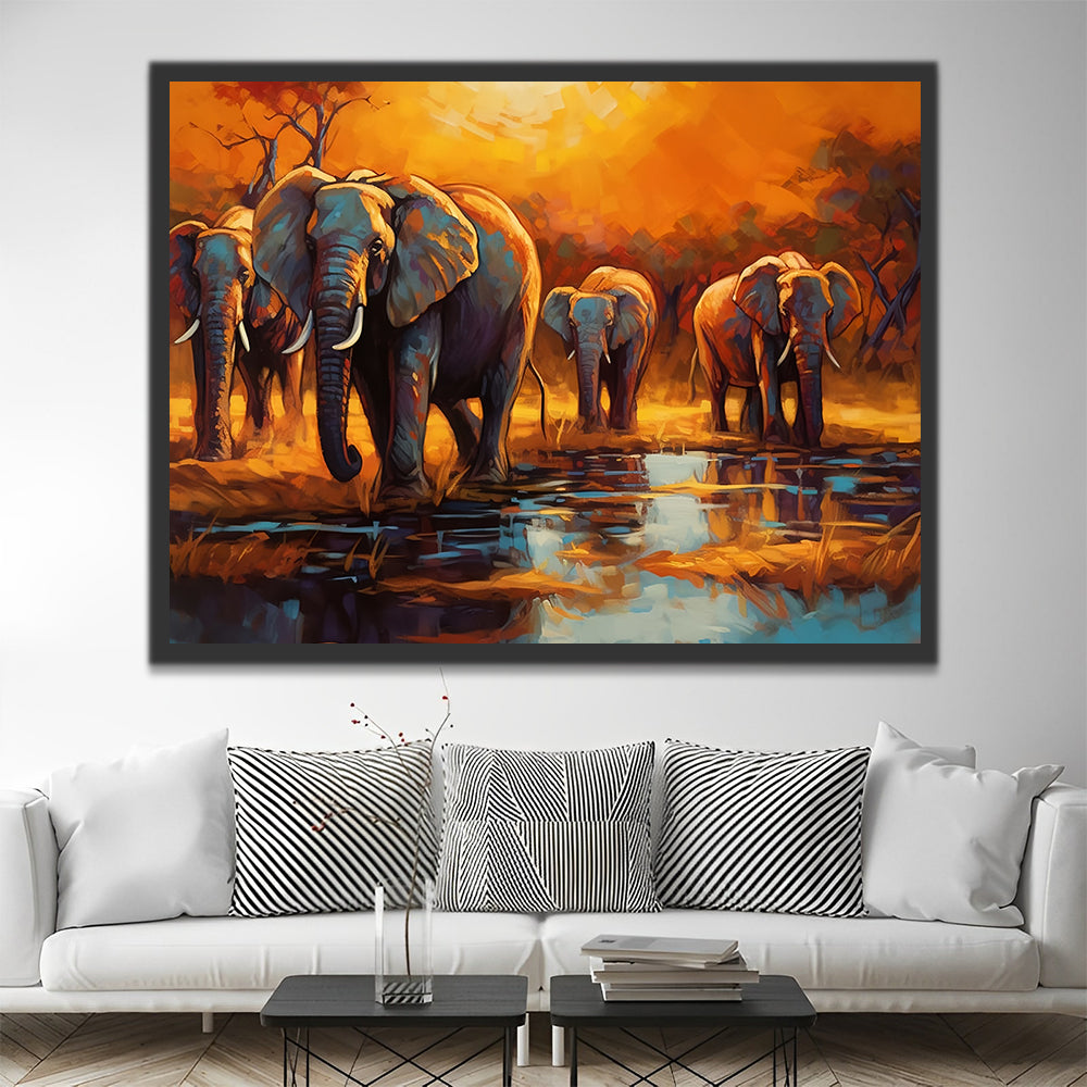 Elephants by the River Paint by Numbers