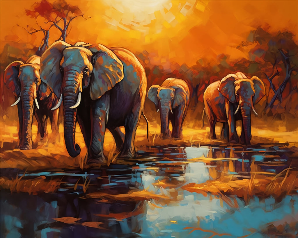 Elephants by the River Paint by Numbers