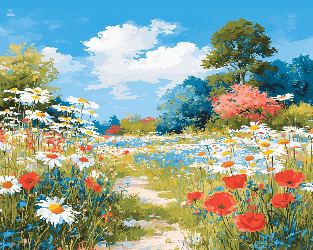 Field of White Daisies and Red Poppies Paint by Numbers