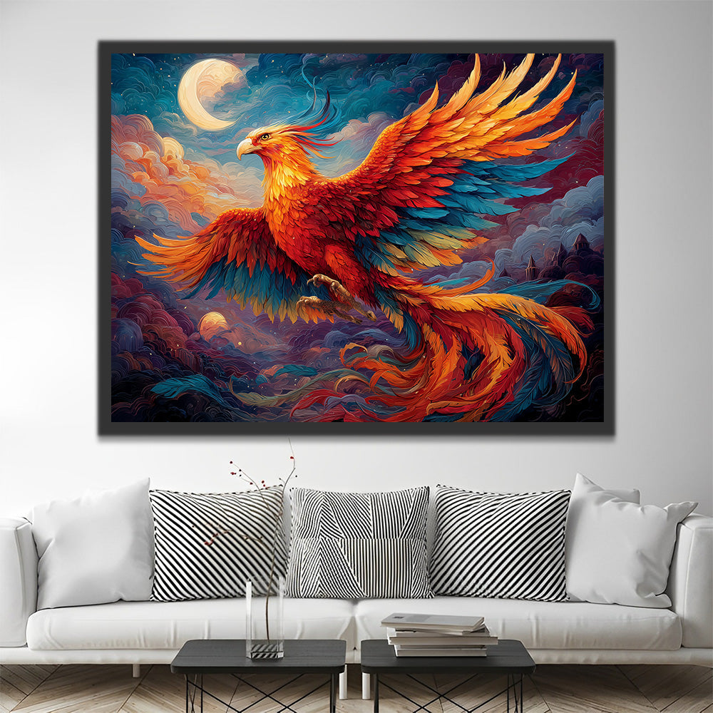 Fire Phoenix Flying through the Colorful Clouds Paint by Numbers