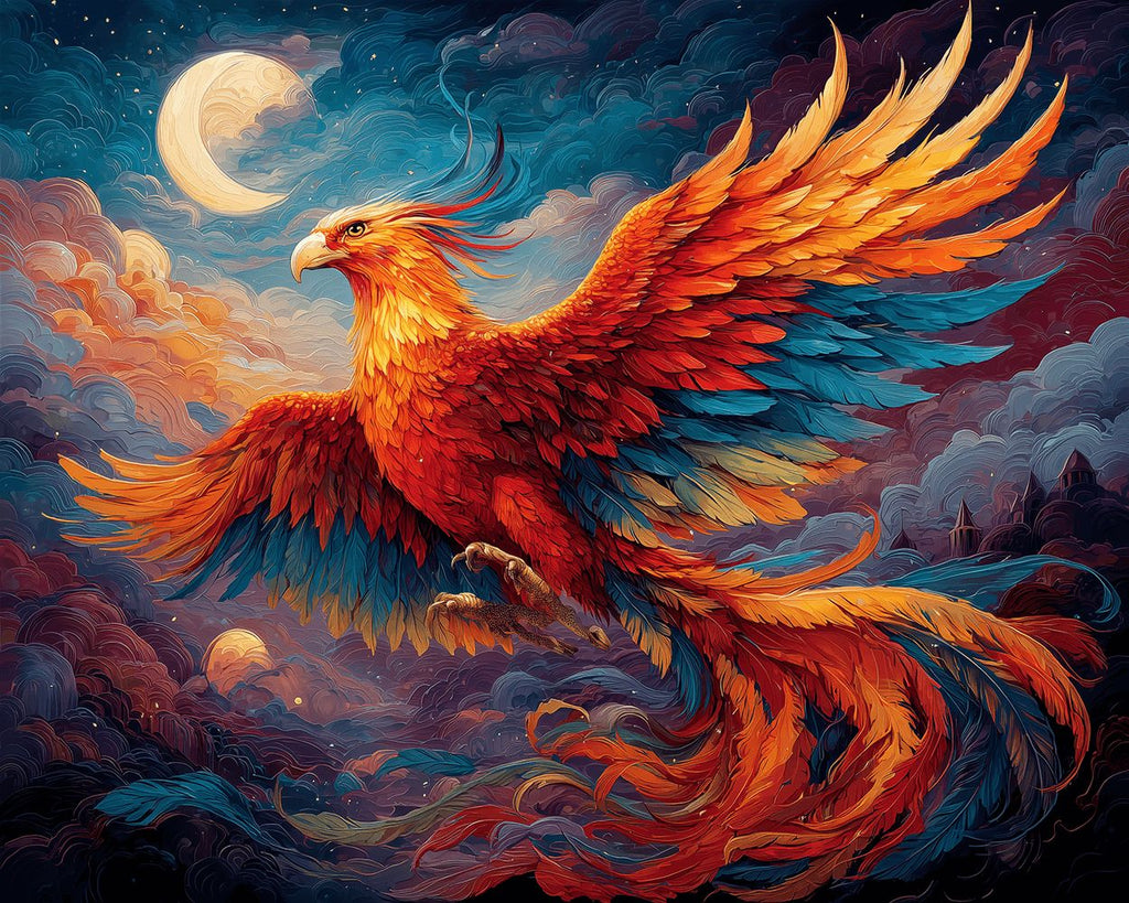 Fire Phoenix Flying through the Colorful Clouds Paint by Numbers