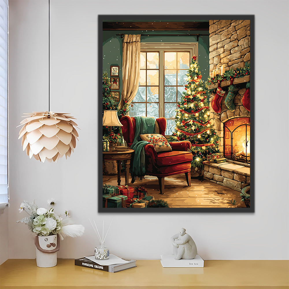 Fireplace next to the Christmas Tree Paint by Numbers