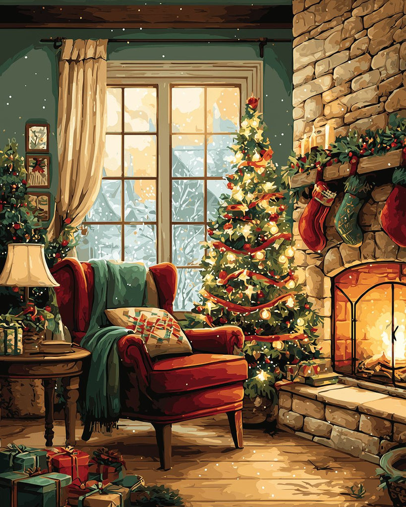 Fireplace next to the Christmas Tree Paint by Numbers
