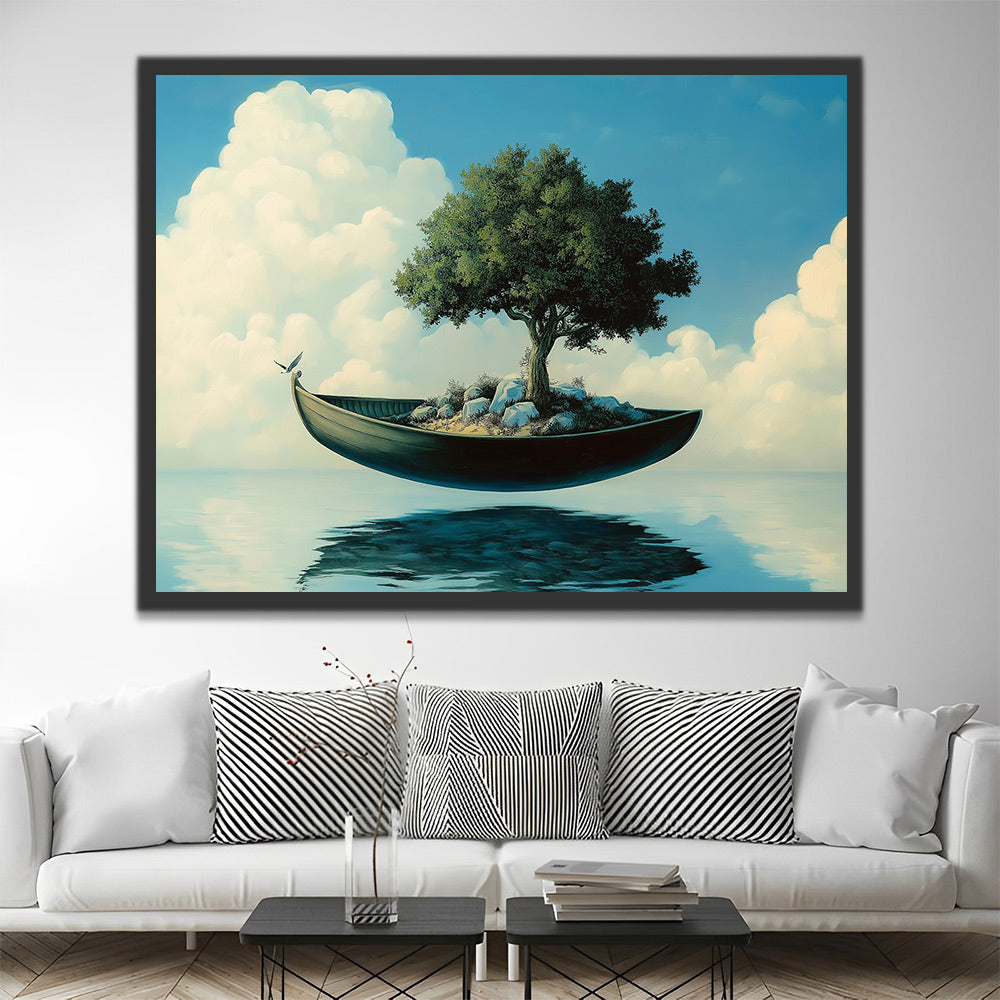 Floating Green Tree Boat Paint by Numbers