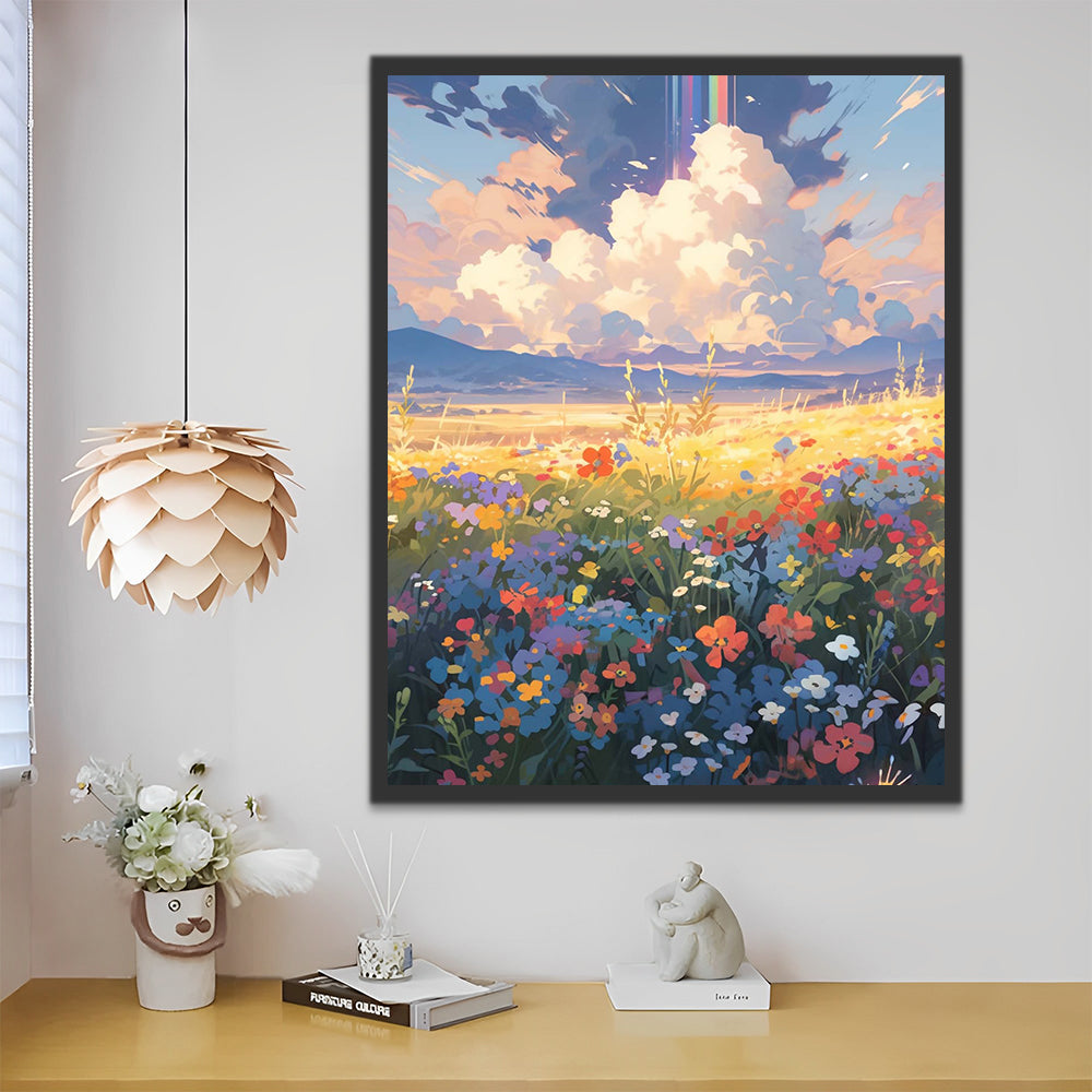 Flower Bush and White Clouds Paint by Numbers